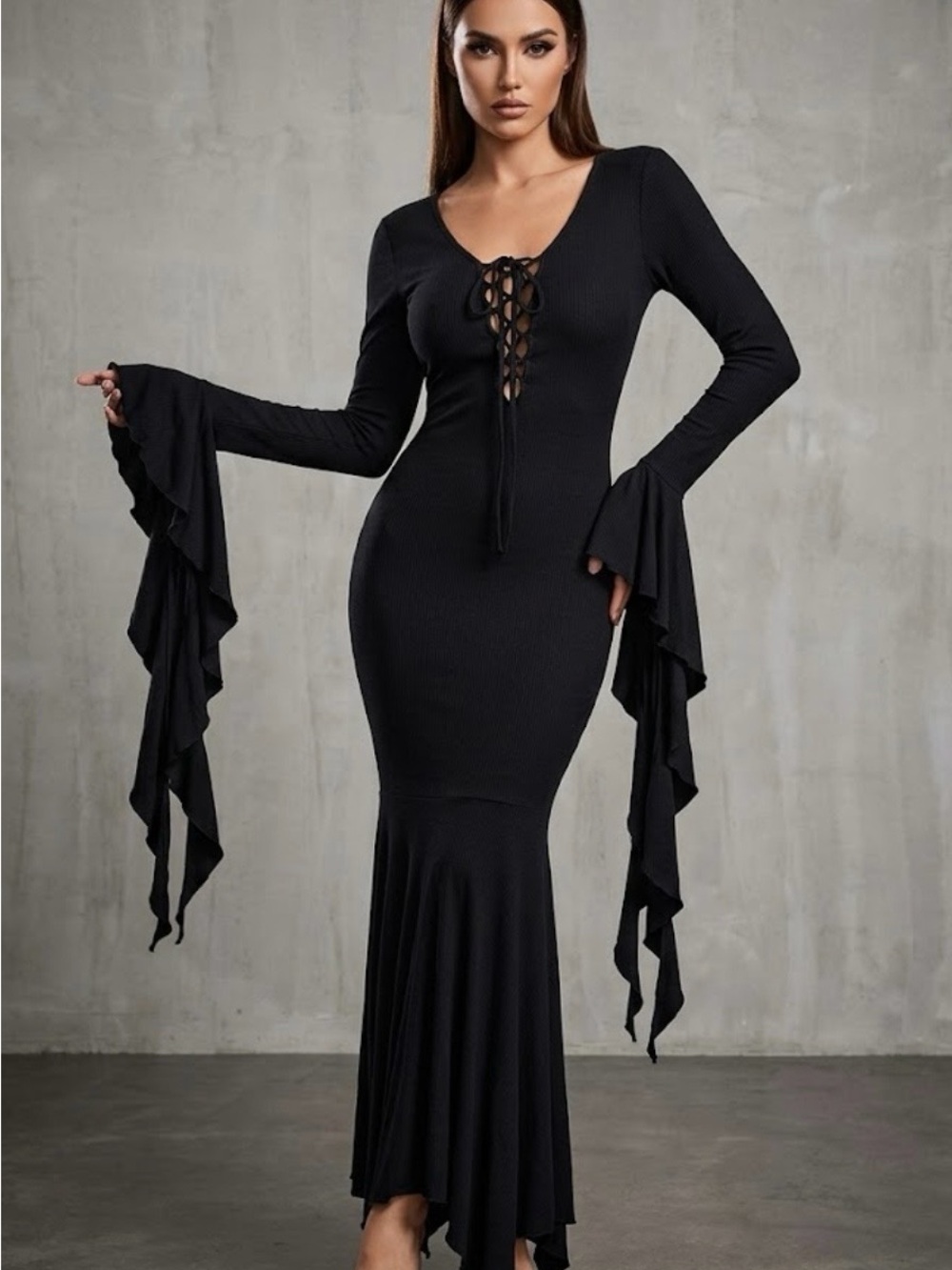Black Long Bell Sleeve Lace-Up Romantic Goth Maxi Dress